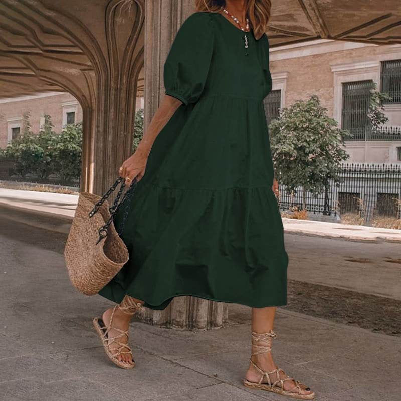 Robe midi femme – Coupe évasée fluide – Coton – Manches bouffantes – Encolure en V