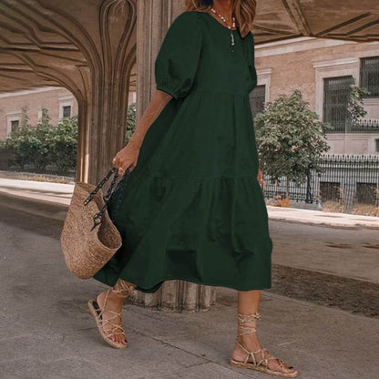 Robe midi femme – Coupe évasée fluide – Coton – Manches bouffantes – Encolure en V