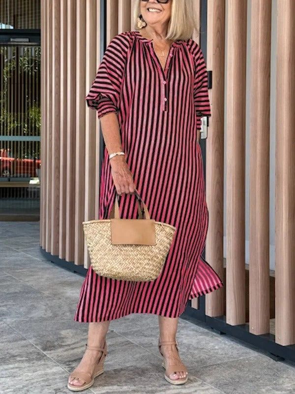 Robe midi femme – Coupe ample – Col en V – Manches volantées – Rayée – Coton
