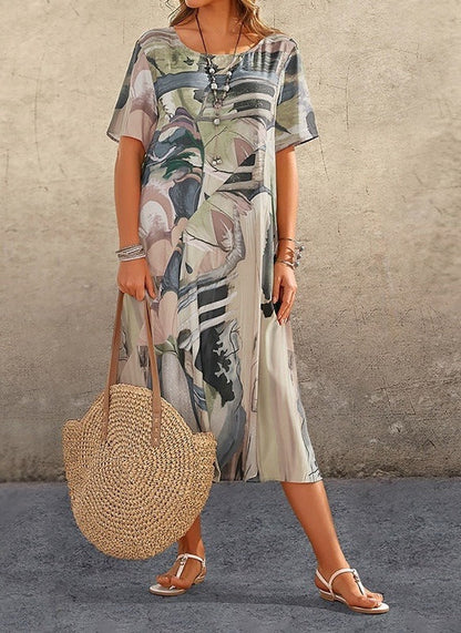Robe femme midi – Coupe ample – Coton – Manches courtes – Imprimé abstrait
