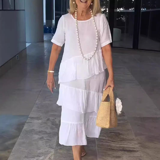 Robe midi femme – Coupe ample – Lin et coton – Design plissé à volants