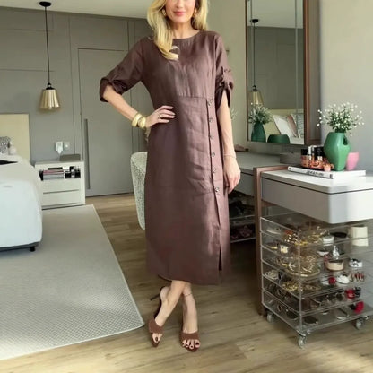 Robe midi femme – Coupe décontractée – Lin et coton – Manches courtes à liens – Boutons côtés
