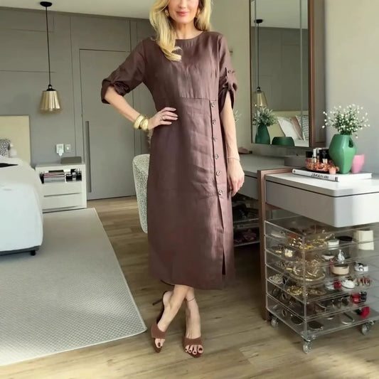 Robe midi femme – Coupe décontractée – Lin et coton – Manches courtes à liens – Boutons côtés