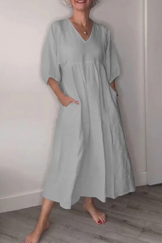 Robe midi femme – Coupe décontractée – Lin et coton – Col V profond – Manches retroussées – Poches