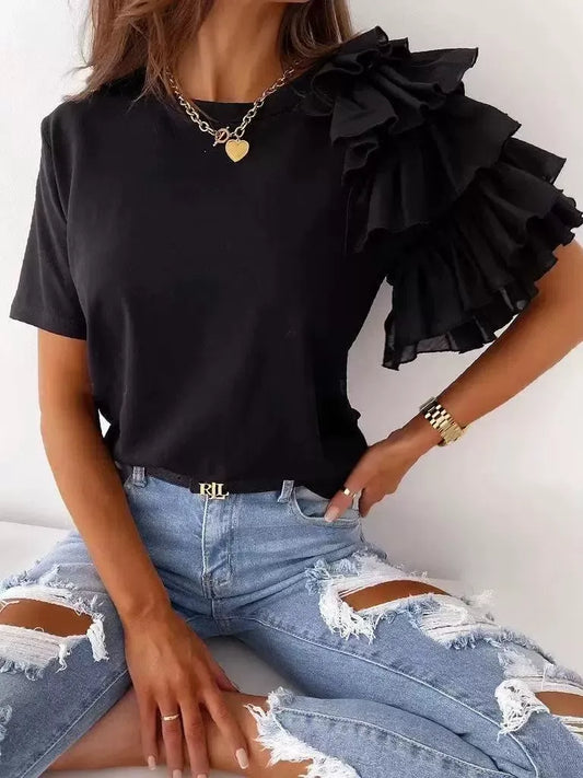 T-shirt femme – Coupe décontractée – Épaule volantée asymétrique – Coton