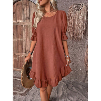 Robe femme évasée – Lin et coton – Coupe ample – Manches mi-longues volantées