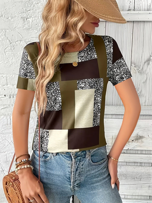 T-shirt femme – Coupe régulière – Coton doux – Manches courtes – Imprimé géométrique