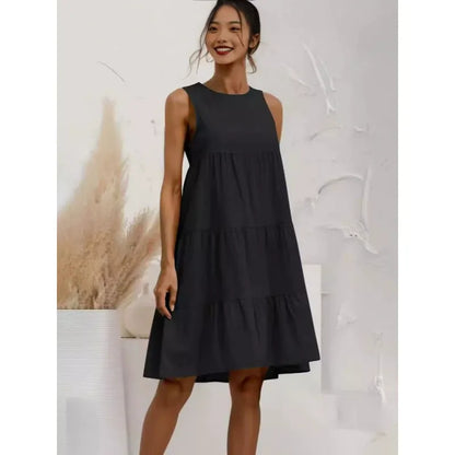 Robe femme sans manches – Lin coton – Coupe ample – Longueur midi à volants