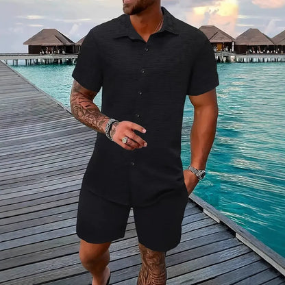 Ensemble homme chemise et short – coupe décontractée – texture jacquard – col classique