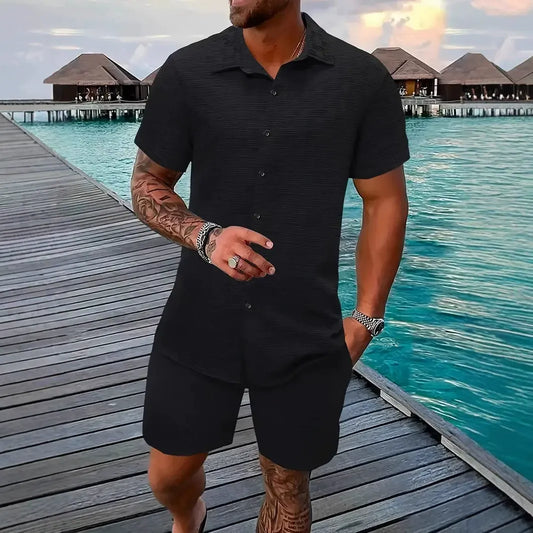 Ensemble homme chemise et short – coupe décontractée – texture jacquard – col classique