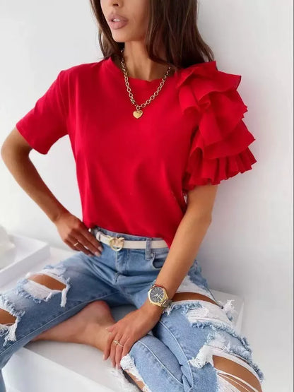 T-shirt femme – Coupe décontractée – Épaule volantée asymétrique – Coton