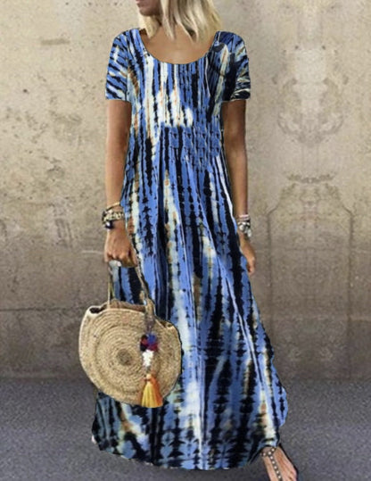 Robe longue femme – Coupe ample – Imprimé tie-dye – Manches courtes