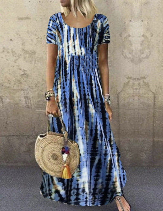 Robe longue femme – Coupe ample – Imprimé tie-dye – Manches courtes
