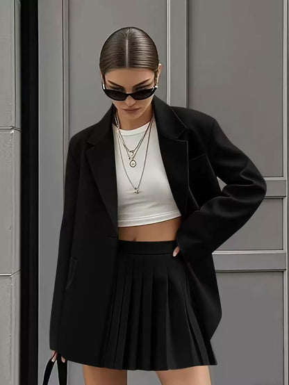 Ensemble tailleur jupe plissée femme – Blazer coupe décontractée – Mini taille haute – Poches à rabat