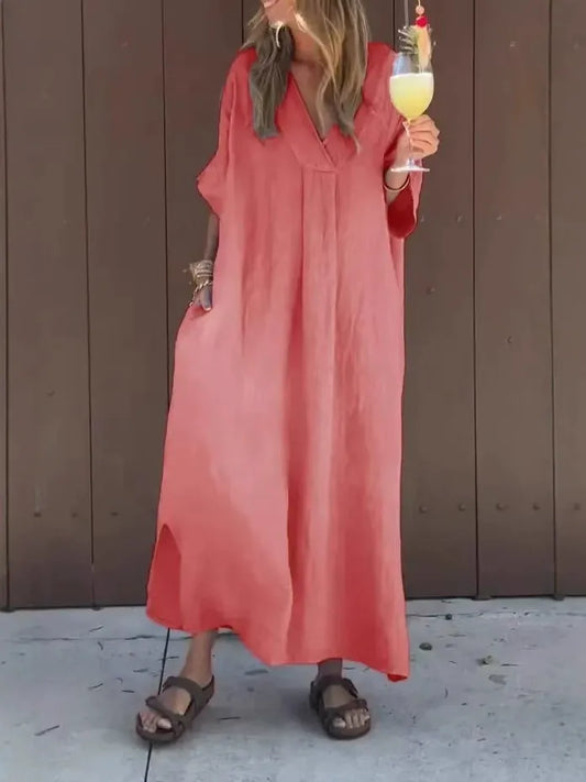 Robe longue femme – Coton – Coupe ample – Manches courtes – Col en V