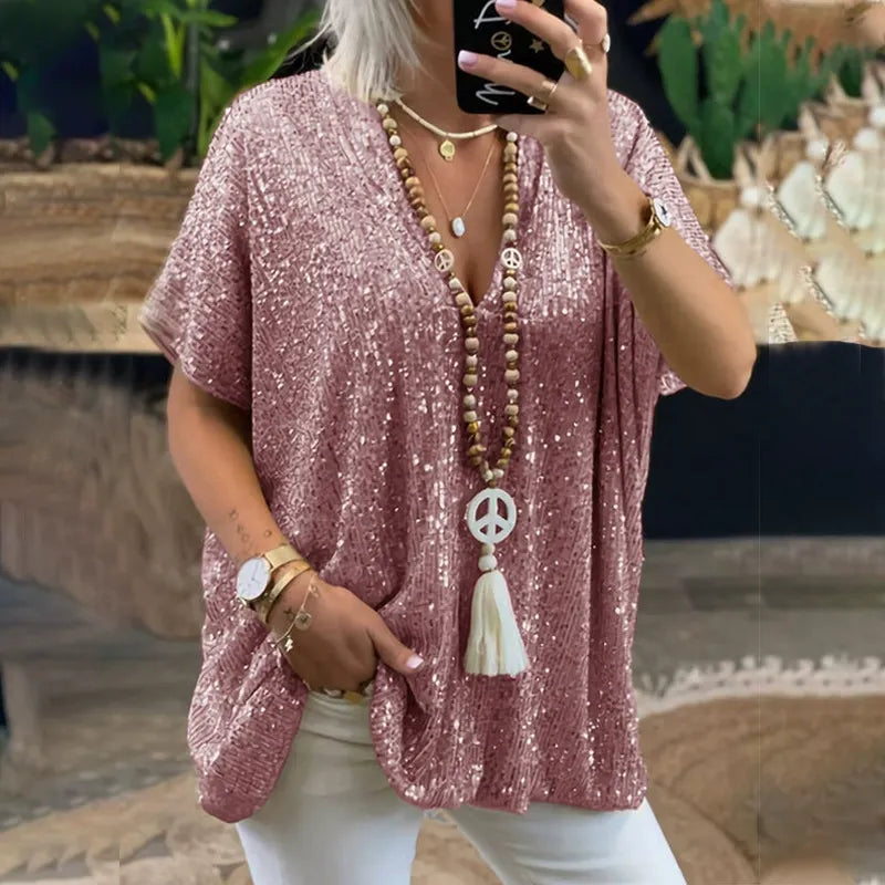 T-shirt femme col V – Coupe décontractée – Manches courtes – Sequins brillants