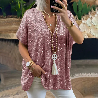 T-shirt femme col V – Coupe décontractée – Manches courtes – Sequins brillants