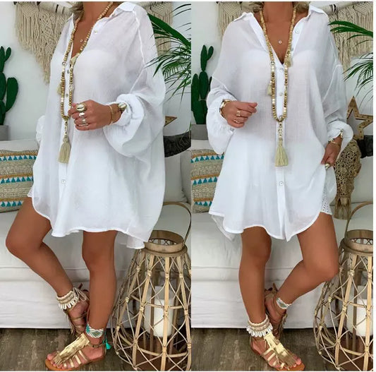 Blouse femme manches longues – Coupe oversize – Lin et coton – Boutonner