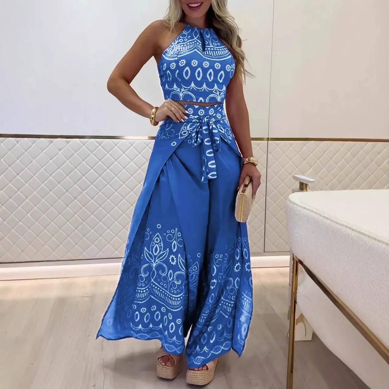 Ensemble Femme – Haut Dos Nu Court et Pantalon Large – Coton – Imprimé Rétro – Taille Nouée