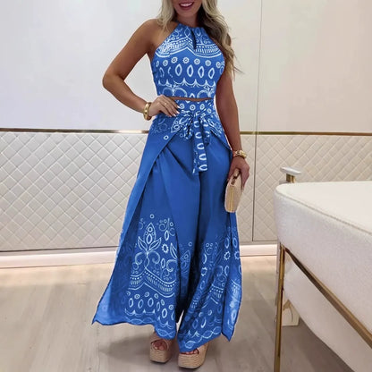 Ensemble Femme – Haut Dos Nu Court et Pantalon Large – Coton – Imprimé Rétro – Taille Nouée