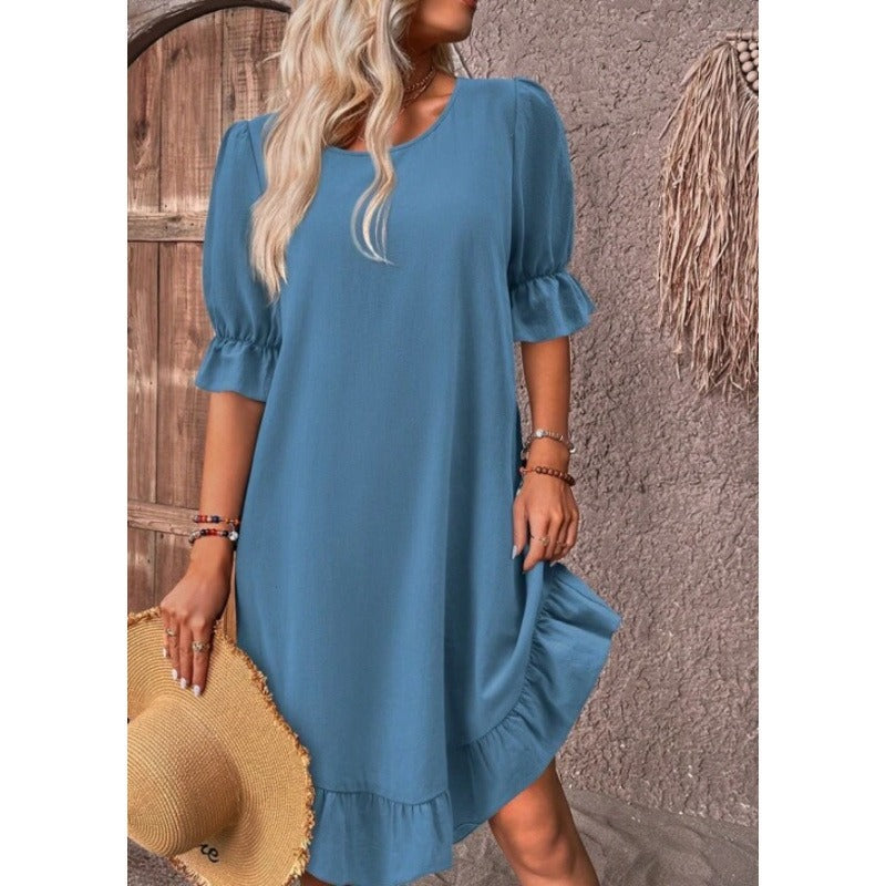 Robe femme évasée – Lin et coton – Coupe ample – Manches mi-longues volantées