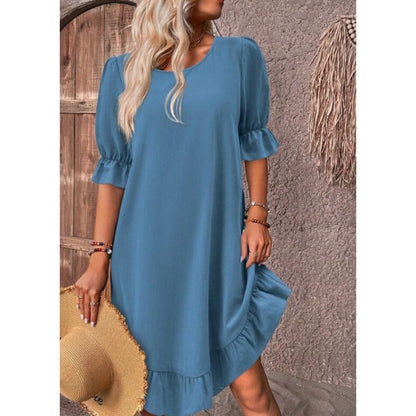 Robe femme évasée – Lin et coton – Coupe ample – Manches mi-longues volantées
