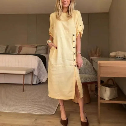 Robe midi femme – Coupe décontractée – Lin et coton – Manches courtes à liens – Boutons côtés