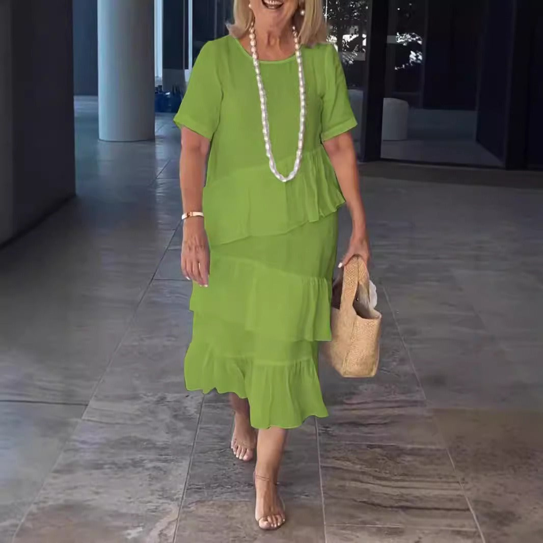 Robe midi femme – Coupe ample – Lin et coton – Design plissé à volants