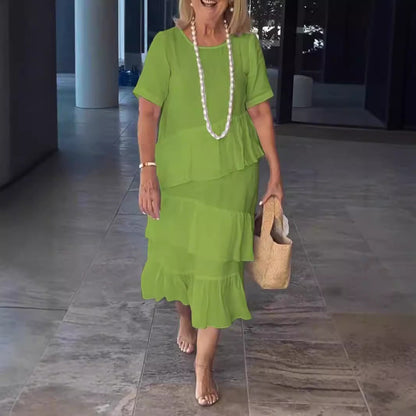 Robe midi femme – Coupe ample – Lin et coton – Design plissé à volants