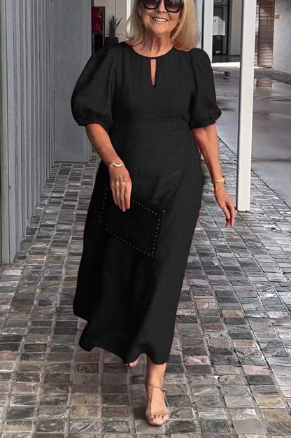 Robe midi femme – Coton – Coupe ample – Manches bouffantes – Encolure fendue