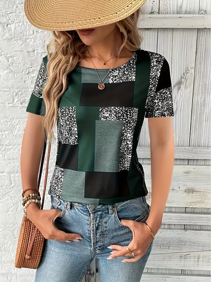 T-shirt femme – Coupe régulière – Coton doux – Manches courtes – Imprimé géométrique