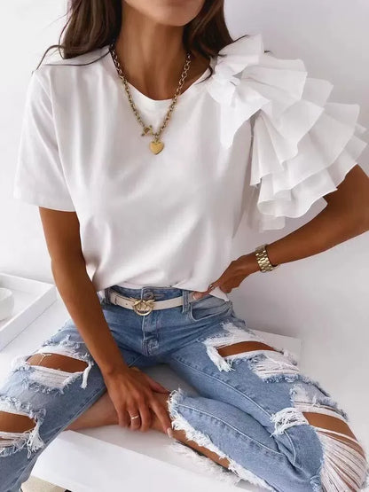 T-shirt femme – Coupe décontractée – Épaule volantée asymétrique – Coton