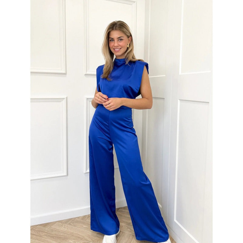 Combinaison femme – Satiné – Sans manches – Dos nu – Col montant – Jambes larges