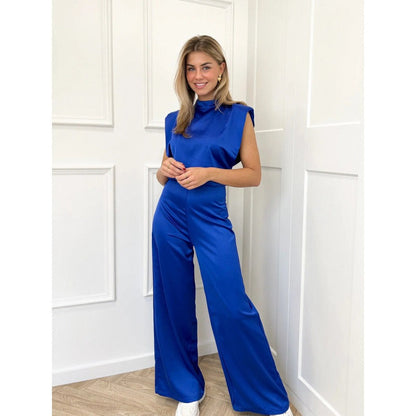 Combinaison femme – Satiné – Sans manches – Dos nu – Col montant – Jambes larges