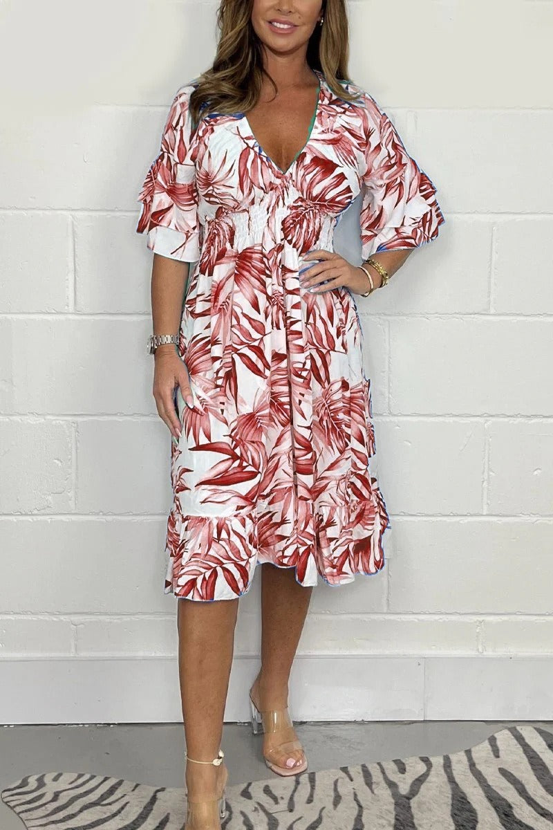 Robe midi femme – Coupe ample – Taille haute – Décolleté en V – Imprimé botanique – Manches à volants
