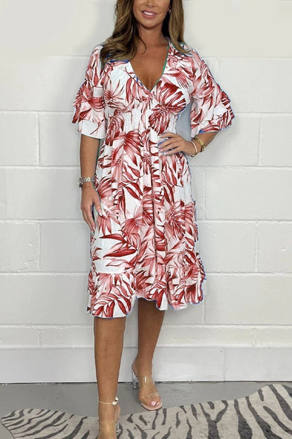 Robe midi femme – Coupe ample – Taille haute – Décolleté en V – Imprimé botanique – Manches à volants
