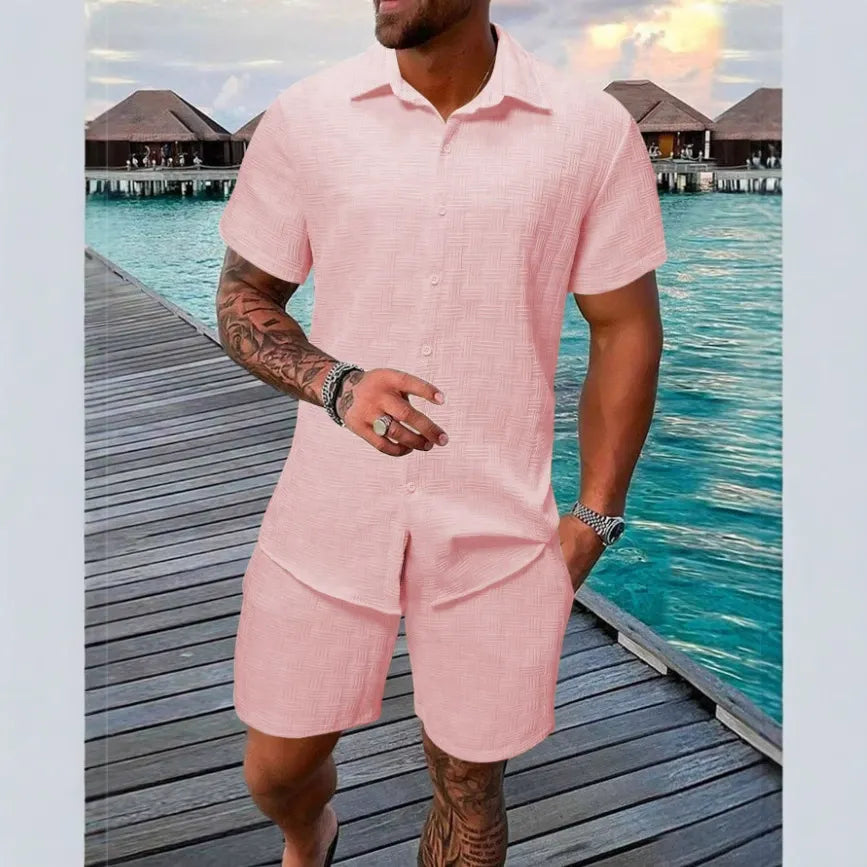 Ensemble homme chemise et short – coupe décontractée – texture jacquard – col classique