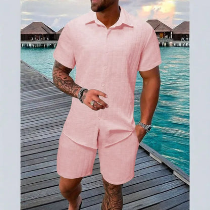 Ensemble homme chemise et short – coupe décontractée – texture jacquard – col classique