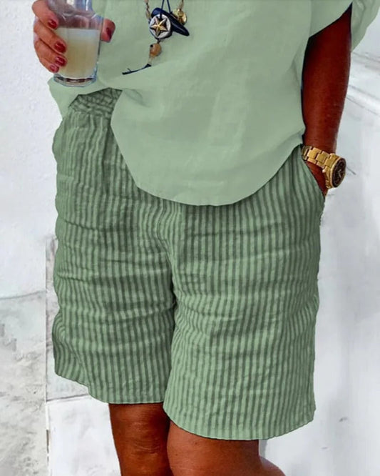 Short femme – Coupe décontractée – Tissu respirant – Rayé – Taille élastique