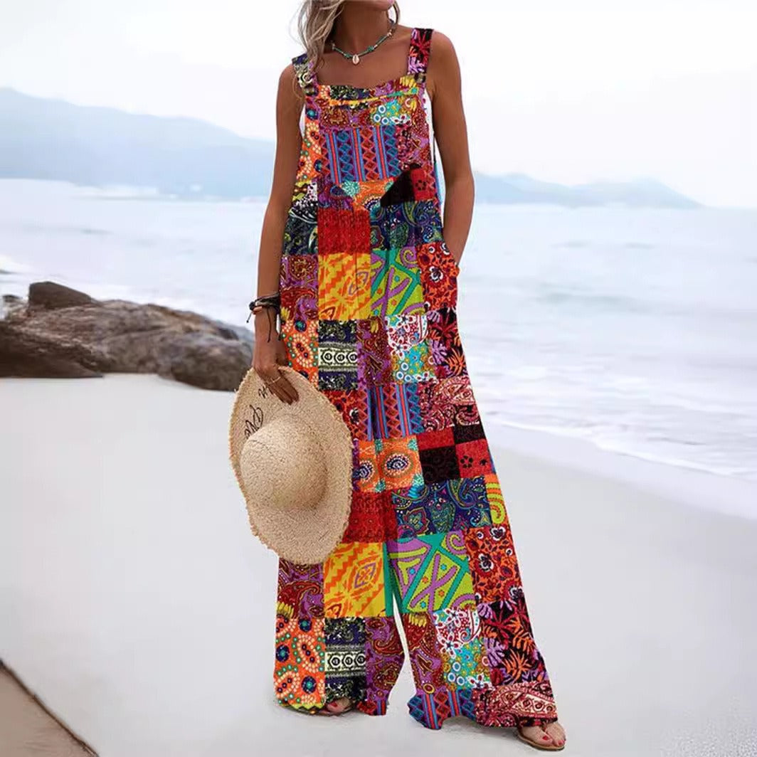Combinaison femme – Coupe ample – Sans manches – Coton – Jambe large – Imprimé fleuri