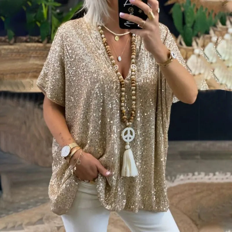 T-shirt femme col V – Coupe décontractée – Manches courtes – Sequins brillants