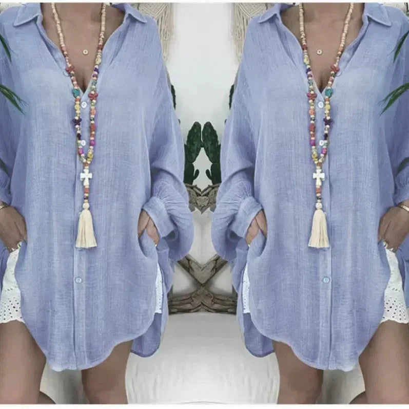 Blouse femme manches longues – Coupe oversize – Lin et coton – Boutonner