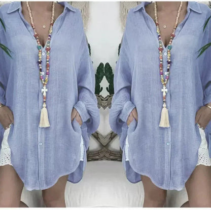Blouse femme manches longues – Coupe oversize – Lin et coton – Boutonner