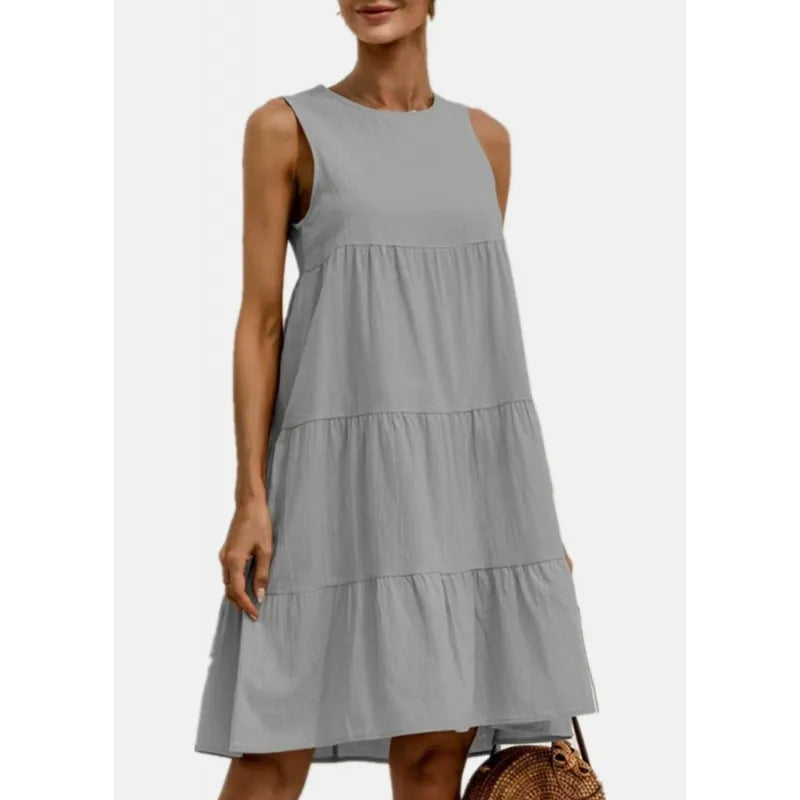 Robe femme sans manches – Lin coton – Coupe ample – Longueur midi à volants