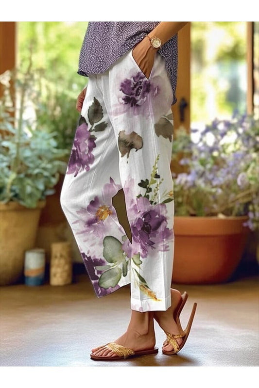 Pantalon femme – Coupe ample – Tissu respirant – Longueur cheville – Imprimé floral – Poches