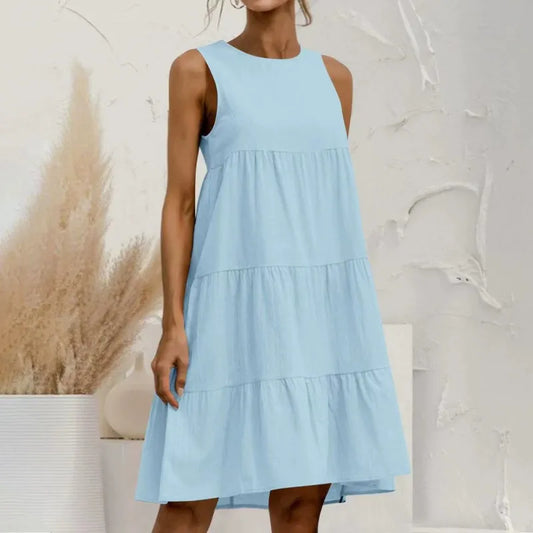 Robe femme sans manches – Lin coton – Coupe ample – Longueur midi à volants