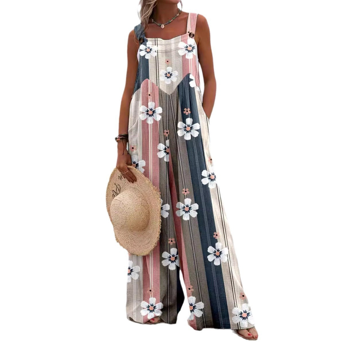 Combinaison femme – Coupe ample – Sans manches – Coton – Jambe large – Imprimé fleuri