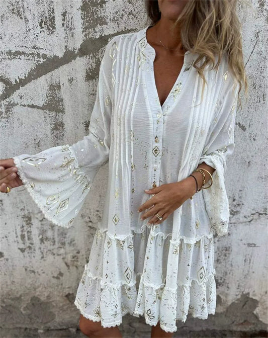Robe femme – Coupe évasée – Manches cloche en dentelle – Ourlet à volants – Détails métalliques