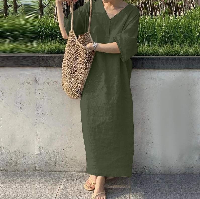 Robe longue femme – Lin et coton – Coupe ample – Manches courtes – Col en V