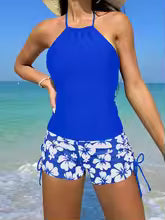 Tankini Femme – Haut Dos Nu à Nouer – Short Imprimé avec Liens – Tissu Respirant